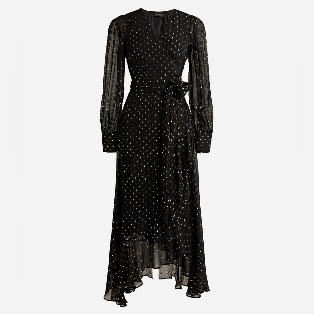 New! J. Crew sz 12 Ruffle-hem Lurex chiffon wrap dress black long sleeve NWT